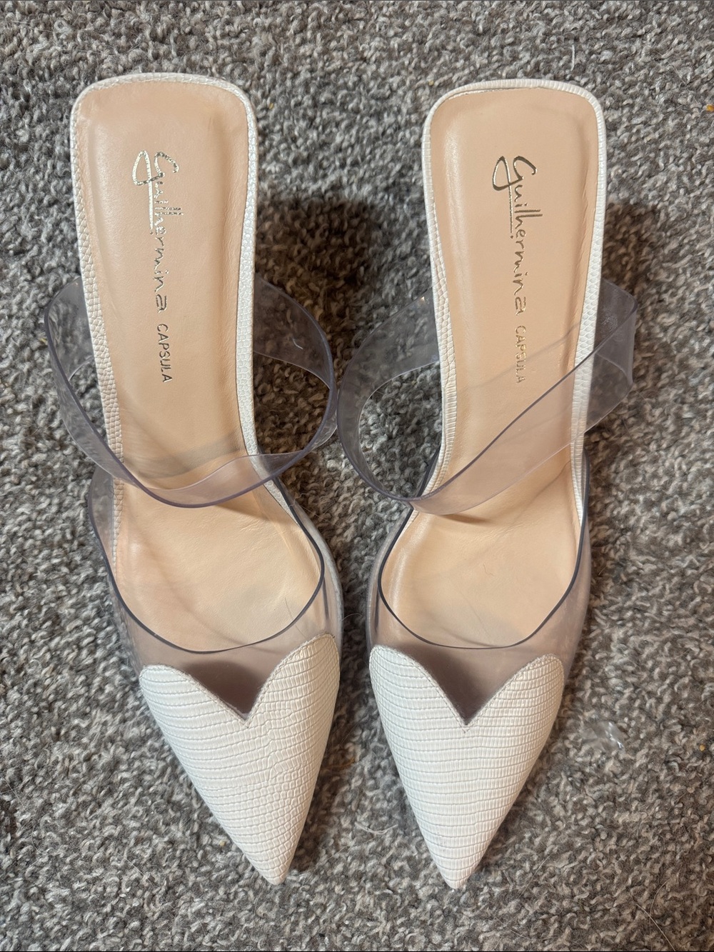 Anthropologie White leather heart Clear-Strap Pointed Mule Heels guilhermina 9 - Picture 2 of 4